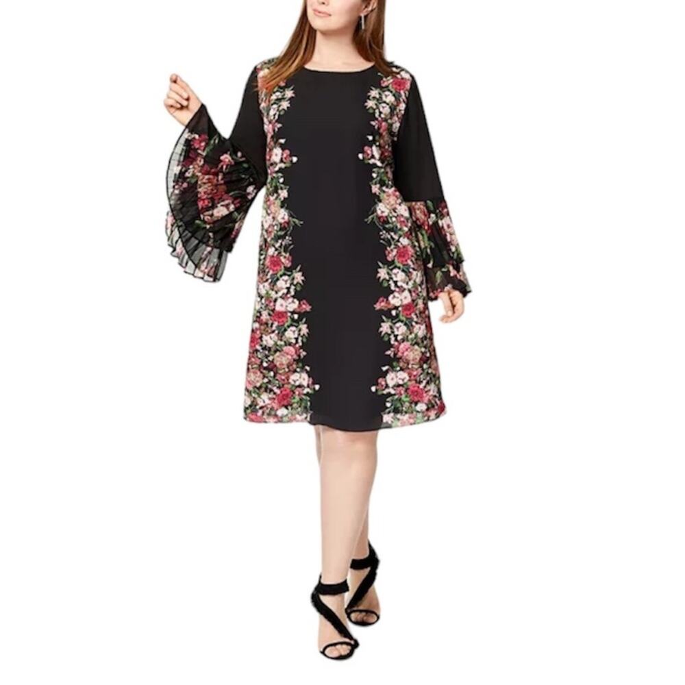 INC International Concepts black floral boho pleated bell sleeve shift dress 10